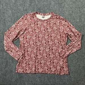 Lands End Womens Long Sleeve Crew Neck Top L Paisley Floral Print Red Pink